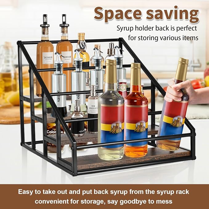 YQBRAO 2-Pack 4-Tier Coffee Syrup Organizer, 32-Bottle Total, Brown | Two racks hold up to 32 bottles total with stepped visibility for large coffee bars, kitchens, and beverage stations. - Image 6