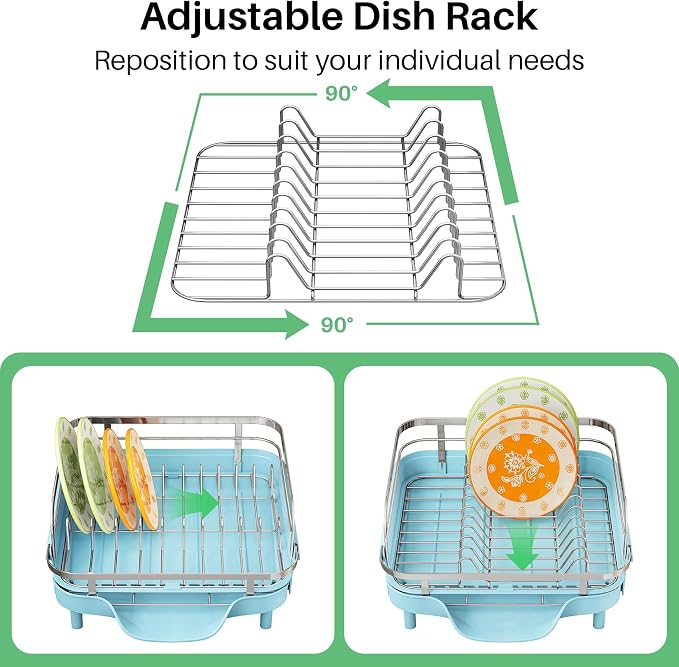 SAYZH Expandable Dish Drying Rack for Small Kitchen Counter, Blue | Stainless Steel, Protective Guardrail, Angled Drainboard, Fits High-Rim Sinks, Removable Utensil Holder - Image 7
