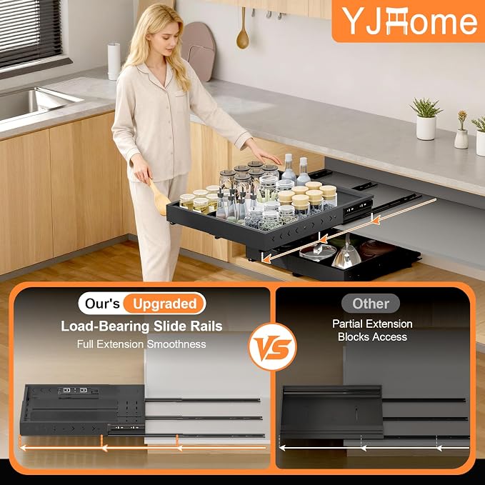 Pull out Cabinet Organizer Expandable W(12"-20") and D(16"-22"), No Drill Adjustable Slide Out Drawers With 3 Slide Rails, 2Pcs Magnetic Panel, Adhesive Roll out Shelves for Kitchen, Cabinets, Pantry - Image 4