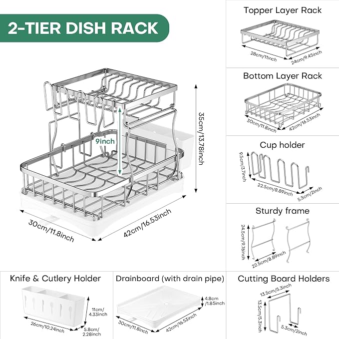 2 Tier Dish Drying Rack,Stainless Steel Dish Rack For Storing Knife Fork Pots&Pans,Dish Drying Rack With Drain Tray For Kitchen Countertops/Sinks,Silver Tiered Dish Rack With Retractable Drain Outlet - Image 8