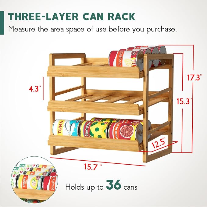 Bamboo Can Organizer for Pantry, 3 Tier Stackable Can Storage | Rolling Can Organizer Pantry with Label Sticker and Marker Pen, Can Holders for Cabinet and Can Rack Organizer - Image 2