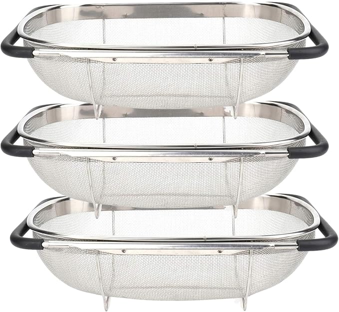 3 PackPremium Quality Over The Sink Stainless Steel Oval Colander with Fine Mesh 6 Quart Strainer Basket & Expandable Rubber Grip Handles - Strain, Drain, Rinse Fruits, Vegetables by Unknown
