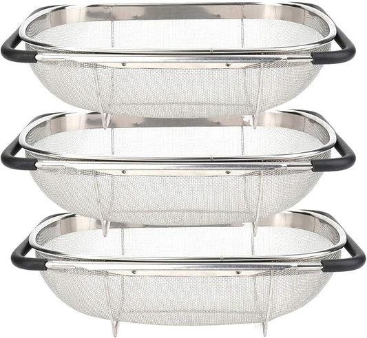 3 PackPremium Quality Over The Sink Stainless Steel Oval Colander with Fine Mesh 6 Quart Strainer Basket & Expandable Rubber Grip Handles - Strain, Drain, Rinse Fruits, Vegetables by Unknown