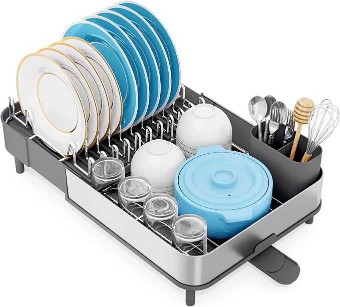 Urackify Stainless Steel Dish Drying Rack for Kitchen Counter,Grey | Extends to 20.67'',Expandable & Foldable,Rust-Resistant,Rotatable Drain Pipe & Utensil Holder,Dish Drainer For 2-4 People by Urackify