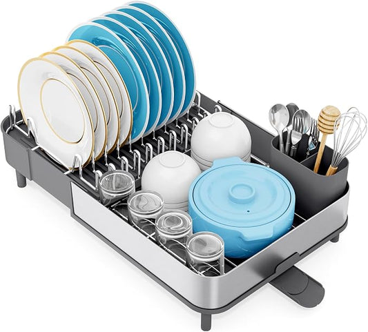 Urackify Stainless Steel Dish Drying Rack for Kitchen Counter,Grey | Extends to 20.67'',Expandable & Foldable,Rust-Resistant,Rotatable Drain Pipe & Utensil Holder,Dish Drainer For 2-4 People by Urackify