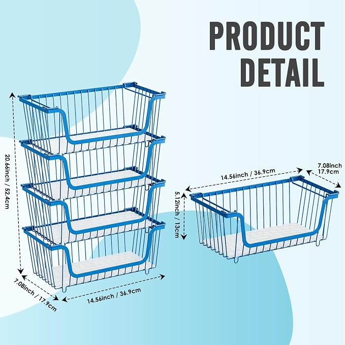 4 Pcs Stackable Wire Baskets for Pantry Organizers and Storage,blue, | Vegetable Fruit Basket for Countertop,Kitchen Storage Metal Baskets,Produce Potato Onion Storage Bin, - Image 3