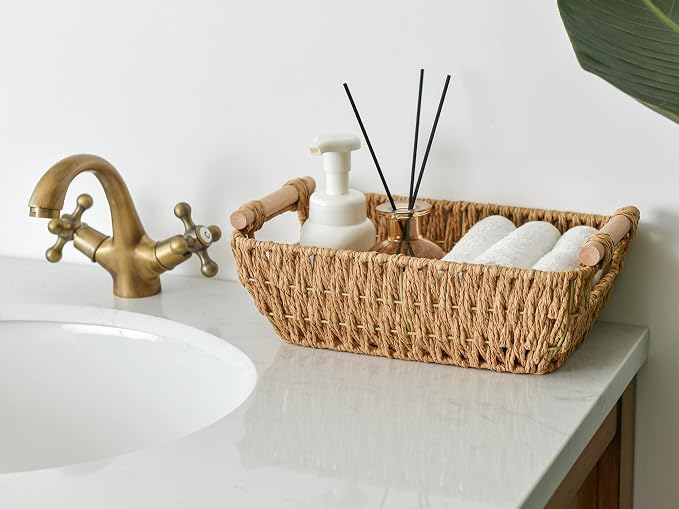 StorageWorks Hand-Woven Small Wicker Baskets, Round Paper Rope Storage Baskets with Wooden Handles, Light Brown, 2-Pack - Image 3