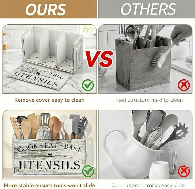 Rustic White Wooden Utensil Holder for Kitchen Counter Decor,Extra Large Kitchen Utensil Holder Silverware Caddy Farmhouse Wood Cutlery Holder Cooking Utensil Stand Storage kitchen Tools Holder-2 Pack - Image 5