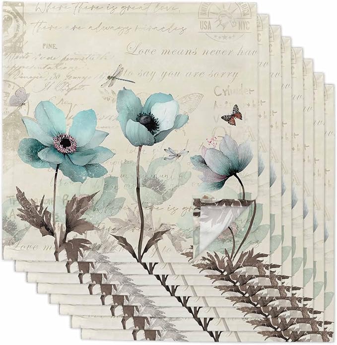 Teal Tulip Cloth Napkins Set of 8, Rustic Farmhouse Floral Cocktail Cloth Napkins 20 x 20 Inch, Elegant Flower Vintage Brown Washable Reusable Dinner Table Napkins for Wedding Holiday Party by Kewadony