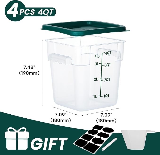 BIEAMA 4 Pack 4 Qt Square Food Storage Containers with Lids, NSF, Clear | Commercial polycarbonate containers with scale markings and handles; stackable for prep, brining, fermentation & bulk storage - Image 2