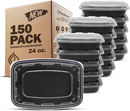Freshware Meal Prep Containers [150 Pack] 1 Compartment Food Storage Containers with Lids, Bento Box, BPA Free, Stackable, Microwave/Dishwasher/Freezer Safe (24 oz) by Freshware