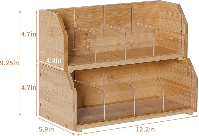 2-Layer Stackable Bamboo Tea Bag Organizer Storage Holder, Natural | Holds 150 tea bags, Removable Compartments, Wood, Acrylic dividers, 12.2 x 5.9 x 9.25 in, for Cabinet, Countertop, Office - Image 3