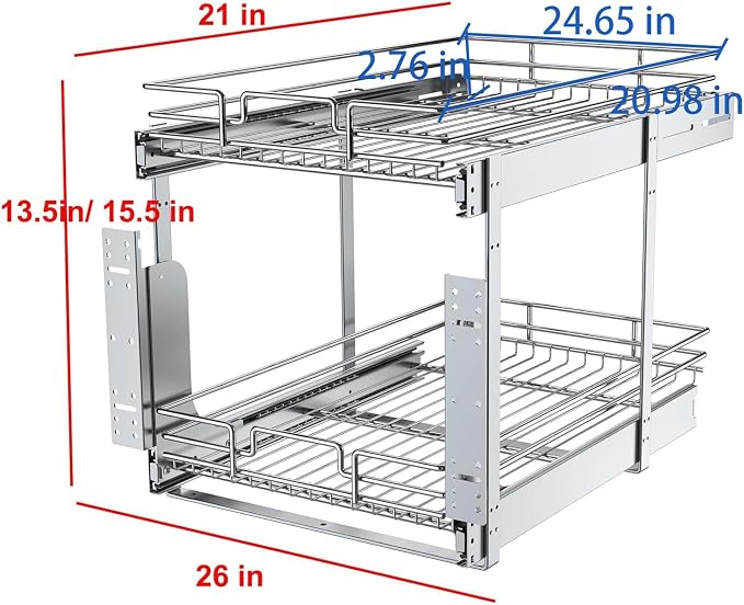 2 Tier Pull Out Cabinet Organizer, 26" W x 21" D Heavy-Duty Metal Sliding Drawer Shelf for Kitchen Cabinets, Chrome, Doesn't Include Door Fittings - Image 2