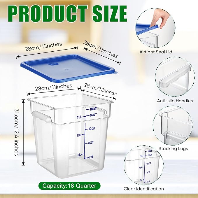 FoldTier 2 Pieces Square Food Storage Containers Polycarbonate Clear food Container with Lid Commercial Storage with Graduations for Commercial Kitchen Dough Marinating Meat(Blue,18 Qt) - Image 2
