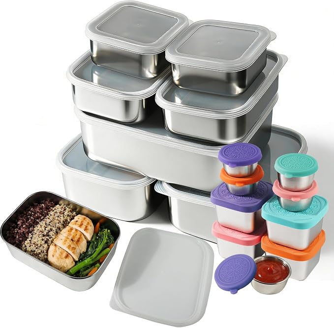 15 Pcs Stainless Steel Food Containers with Snack & Sauce Containers, 304-Grade Airtight Reusable Stackable Container for Kitchen Storage & Meal Prep & Lunch Box - Oven, Freezer, Dishwasher Safe by Keldoner
