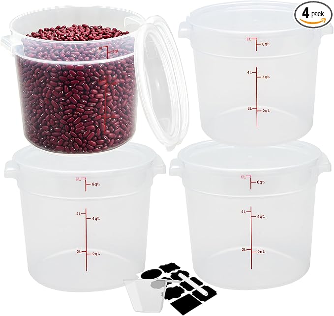 BIEAMA 4 Pack 6 Qt Round Food Storage Containers with Lids, Translucent PP | Include lids, labels, measuring cups and containers with capacity markings for food prep, pantry storage and dough proofing. by BIEAMA
