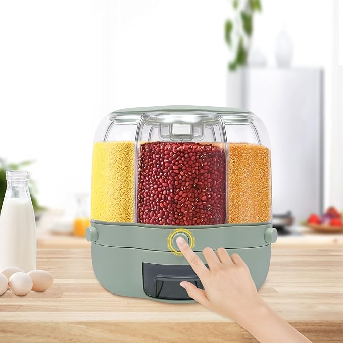 360° Rotating Grain Dispenser With 6 Grids, 13.2lbs Large Capacity Grain Dispenser Rotating Kitchen Storage Containers With Sealed Lid For Peanut Barley Millet And Cereal (Matcha green, 17.6 lbs) - Image 4