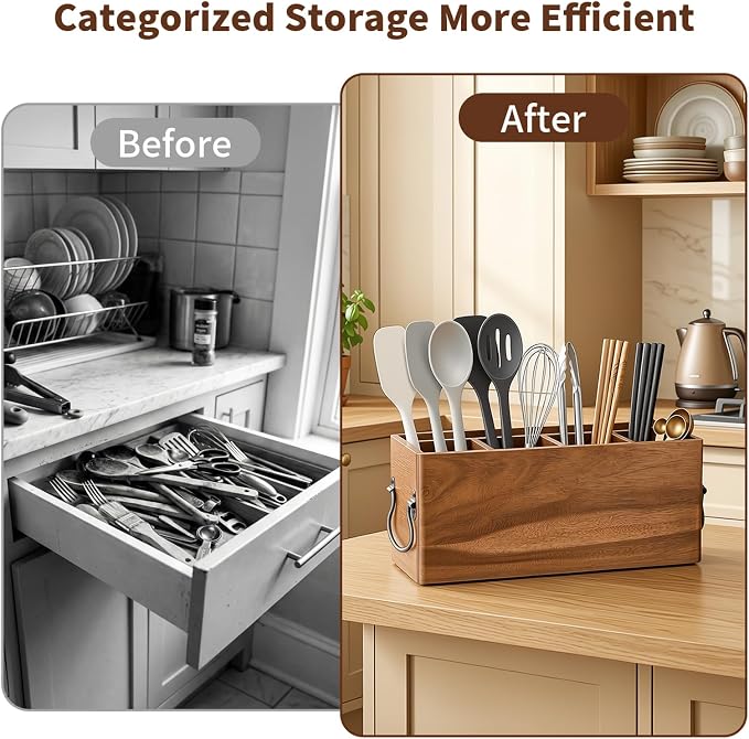 Kitchen Utensil Holder for Countertop Wooden Utensil Organizer with 5 Compartment Utensil Holder Durable Utensil Organizer Large Utensil Rack with Drain Holes Side Handles Stores Cooking Tools - Image 6