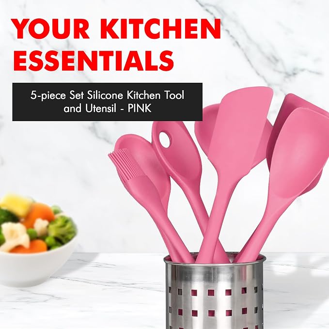 Chef Craft - Premium Silicone Kitchen Tools and Utensils Set, Non-Scratch, Withstands Temperatures up to 450°F, BPA-Free, 5 Piece Cooking Utensils Set, Pink - Image 2
