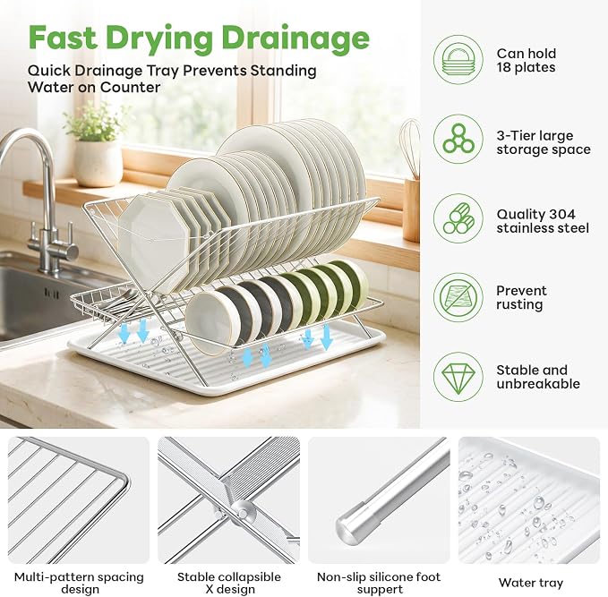 Stainless Steel Foldable Dish Drying Rack, 3 Tier Large Capacity Collapsible Folding Dish Drainer with Drainboard for Kitchen Counter (Upgraded) - Image 2