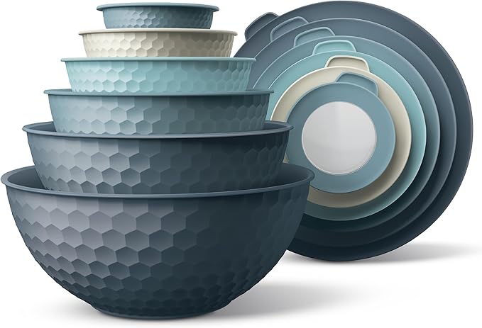 COOK WITH COLOR Mixing Bowls with Lids - 12 Piece Plastic Nesting Bowls Set includes 6 Prep Bowls and 6 Lids, Microwave Safe Mixing Bowl Set, Blue Embossed by CookwithColor