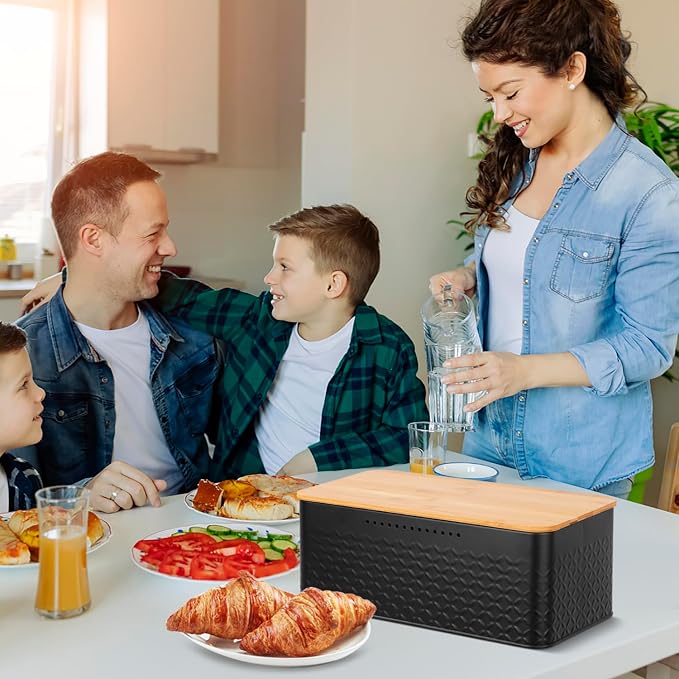 Bread Bin, Metal Bread Box with Bamboo Lid Usable as Cutting Board, Bread Storage Container Holder for Kitchen Countertop, 13 x 7 x 5.3 inch (Black) - Image 7