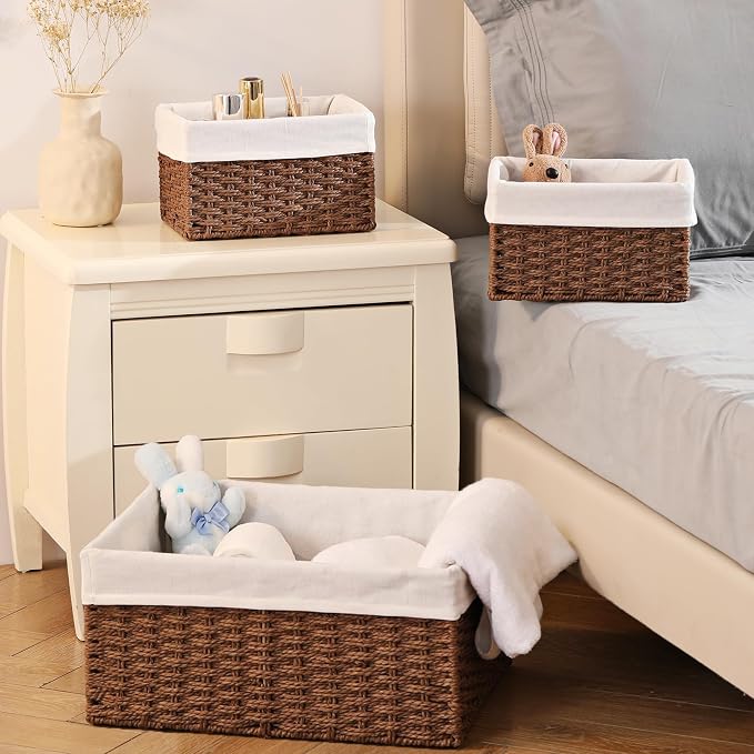 Wicker Basket, Set of 3 Hand-woven Storage Baskets for Organizing, Decorative Rectangle Wicker Storage Basket Bins with Handles, Small Toilet Paper Storage Baskets for Shelves & Decor, Brown - Image 6