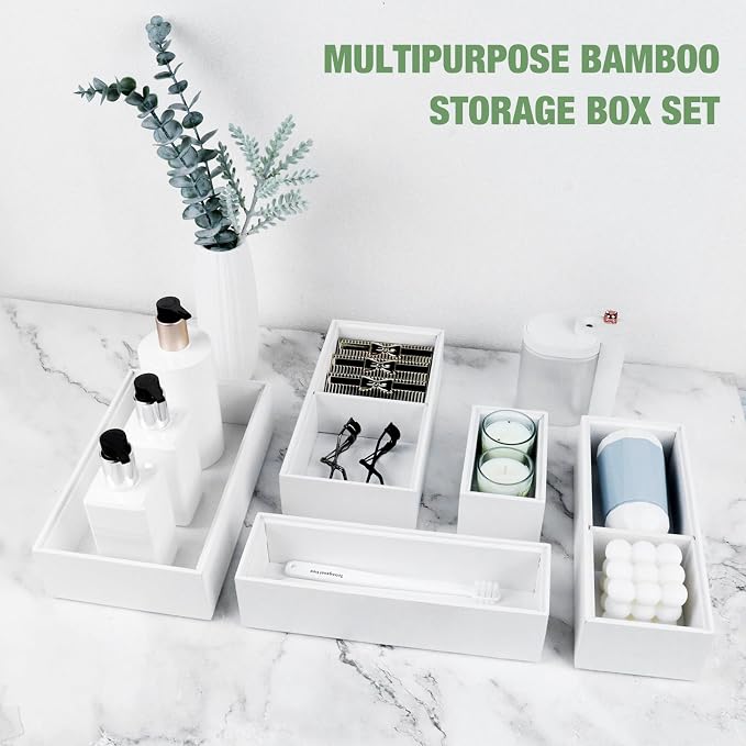 Bamboo Drawer Organizer,5 PCS White Bathroom Tray&Desk Organizers and Storage,Cabinet Divider With Removable Silverware Organization for Kitchen,Utensils,Junk,Office,Makeup - Image 6