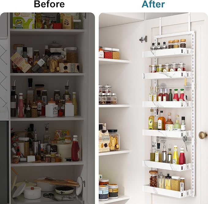 BUKFEN Over the Door Pantry Organizer, 6-Tier Adjustable Basket Spice Rack | 2-IN-1 Door & Wall Mounted, Heavy Duty Metal Storage Shelf, 12 Hooks, Behind Door Organizer for Kitchen, Bathroom, Closet - Image 3
