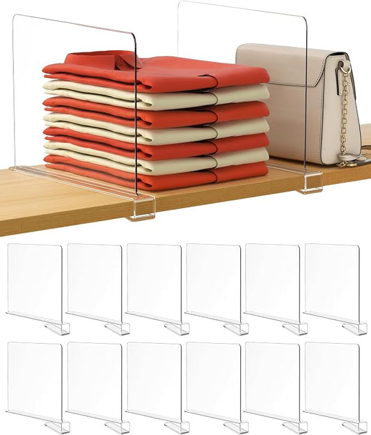 HBlife 12 Inches Tall [Extra Tall Version] Clear Shelf Dividers, 12 Pack Purse Organizer for Closet Perfect for Sweater, Shirts, Handbags, Acrylic Adjustable Bookshelf for Organization by HBlife