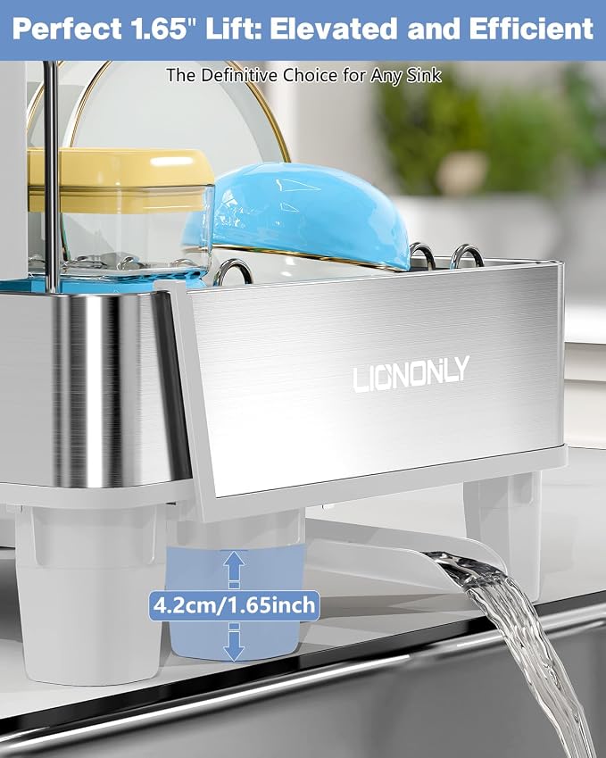 Dish Drying Rack, 304 Stainless Steel Expandable Dish Rack with Adjustable Drain Spout, Large Capacity Dish Drainer with Utensil Holder, Cup Holder and Cutting Board Rack for Kitchen Counter, White - Image 6