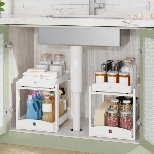 Bamboo Under Sink Organizer 2 Tier Pull Out Cabinet Storage Drawer by LONTAI