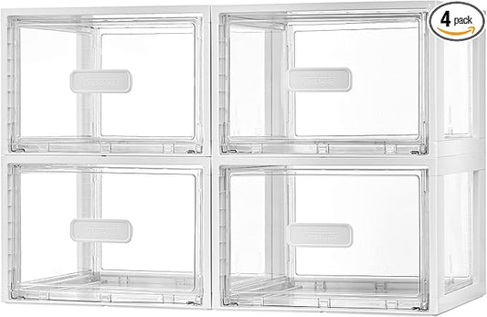 Vtopmart 4 Pack White Stackable Storage Drawers 15QT | Easily Assemble Closet Organizers,Plastic Storage Bins for Bathroom,Cabinet,Kitchen Pantry,Under Sink Organization(Medium) by Vtopmart