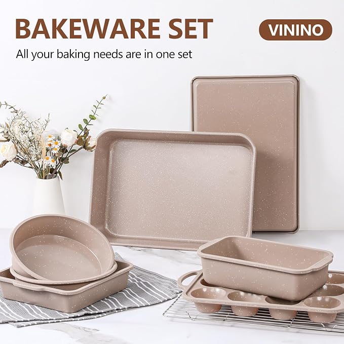 Vinino 8-Piece Baking Pans Set Nonstick, Bakeware Set includes Silicone Muffin, Loaf, Cake Pans with Metal Reinforced Frame, and Carbon Steel Roasting Pan, Cookie Sheet, Cooling rack for Oven - Image 7