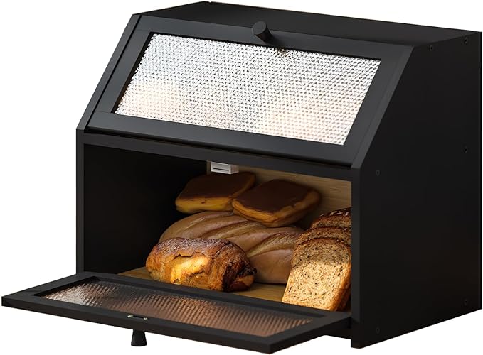 STDDRE Bread Box for Kitchen Countertop Bin Double Layer Bread Box Storage Container Extra Large Capacity Farmhouse with Diamond Pattern Windows (Black, Large) by LifeTakesaDifferentTurn