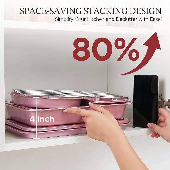 KITESSENSU Baking Pans Sets, Nonstick Bakeware Sets 19-Piece with Round/Square Cake Pan, Loaf Pan, Muffin Pan, Cookie Sheet, Roast Pan, Cooling Rack, Carbon Steel Bake Set Pink - Image 3