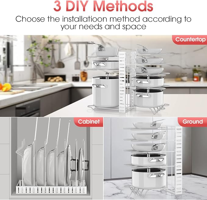 G-TING Pot Rack Organizers, 8 Tiers Pots and Pans Organizer for Kitchen Organization & Storage, Adjustable Pot Lid Holders & Pan Rack, Lid Organizer for Pots and Pans with 3 DIY Methods(White) - Image 2