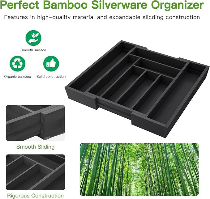 Pipishell Bamboo Expandable Drawer Organizer for Utensils Holder, Adjustable Cutlery Tray, Wood Drawer Dividers Organizer for Silverware, Flatware, Knives in Kitchen, Bedroom, Living Room (Black) - Image 3