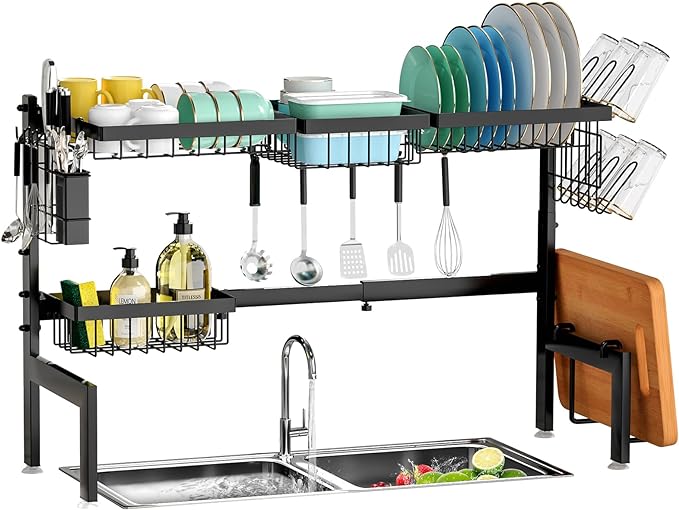 Over The Sink Dish Drying Rack,Expandable 2-Tier Stainless Steel Over The Sink Dish Rack with Utensil Holder Dish Drainers for Kitchen Counter | Stainless Steel, Cutlery Holder & Chopping Board Rack, for Kitchen Counter, Black by HOWDIA