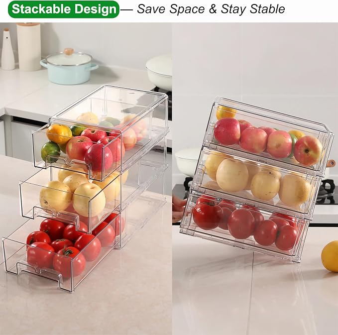Taiuloo 2 Pack Stackable Refrigerator Organizer Bins with Pull-Out Drawer, Clear BPA-Free Food Storage Containers for Fridge Freezer, Kitchen Pantry Cabinet & Bathroom Vanity Organization - Image 3