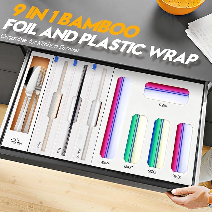 9 in 1 Foil and Plastic Wrap Dispenser with Cutter, White Bamboo Ziplock Bag Organizer for Drawer - Holds Gallon, Quart Bags & Aluminum Foil/Wax Paper, Wall Mountable Kitchen Storage - Image 3