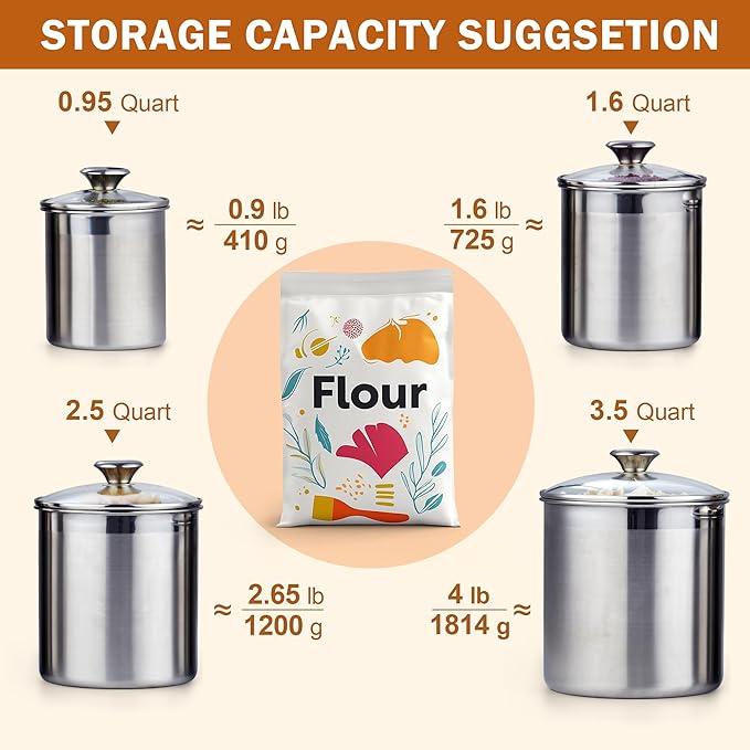 Cooks Standard Airtight Kitchen Canister Set for Coffee, Flour & Sugar Storage – Stainless Steel Food Storage Containers with Glass Lid – Pantry Organization Jars, 4 Pack - Image 3