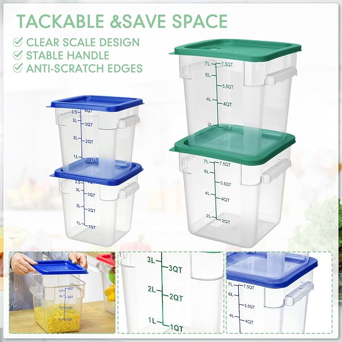 Lallisa 4 Pcs 8qt & 4qt Clear Food Storage Containers with Lids Handles and Scales, Stackable Plastic Square Food Storage Containers for Dough Proofing Baking Kitchen Restaurant(Blue, Green) - Image 3