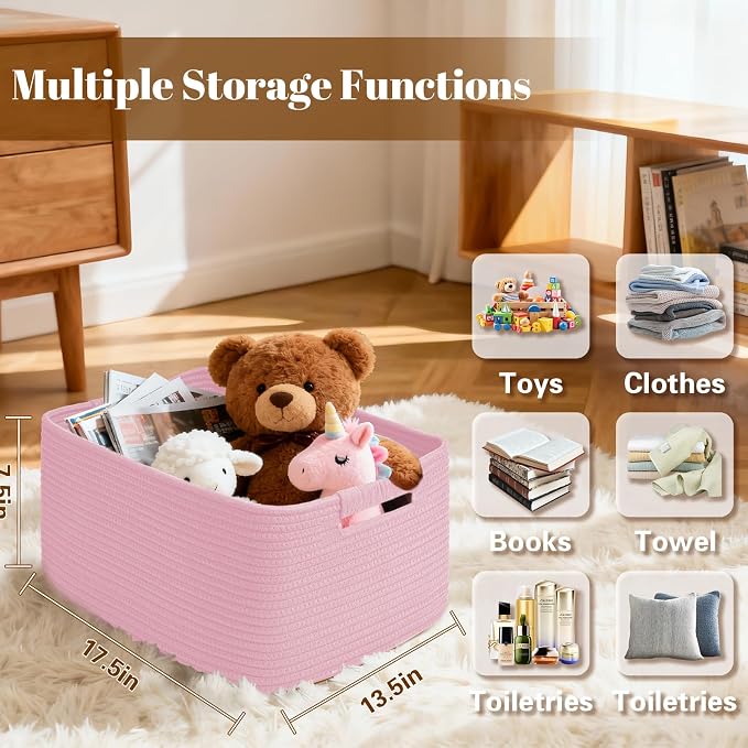 2 Pack Large Storage Basket for Organizing, 17.5"x13"x7" Woven Basket for Shelves, Closet Cube Storage Bins with Wrapped Handle, Cotton Rope Baskets for Kitchen, Clothes, Toys(Light Pink) - Image 2