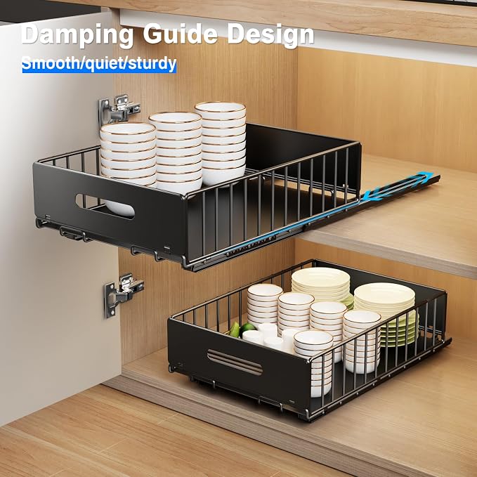 Mustorn 2 Pack Pull Out Cabinet Organizer, Slide Out Drawers for Cabinets, Peel and Stick, Heavy Duty Shelves for Kitchen, Cupboard, Pantry, Bathroom (16.5"D*11.8"W*3.94"H-Black) - Image 4