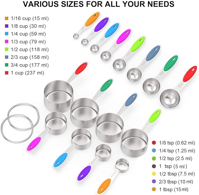 Wildone Stainless Steel Mixing Bowls Set with Airtight Lids, 3 Grater Attachment & Non-slip Bottoms and Multicolor 16 Piece Measuring Cups and Spoons Set - Image 8