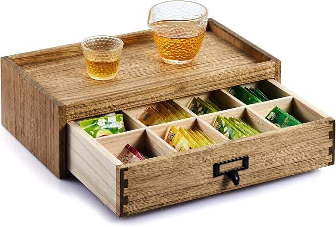 KIRIGEN Solid Wood Tea Storage Box, 8 Compartments, Brown CYG-DBR | 8-Section Desk Cabinet Organizer with Metal Handle Stores Tea Bags, Sachets, Coffee Packets, Sugar, and Small Tea Accessories by KIRIGEN