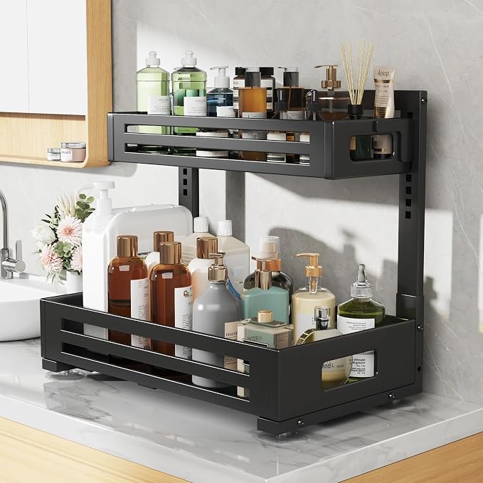 2 Pack 17IN-Depth Under Sink Organizer,Pull Out Cabinet Organizer With Smooth Cylindrical Rail,Metal Slide Out Drawer for Kitchen Bathroom Laundry,8-Level Tool Free Height Adjustable-Black - Image 7