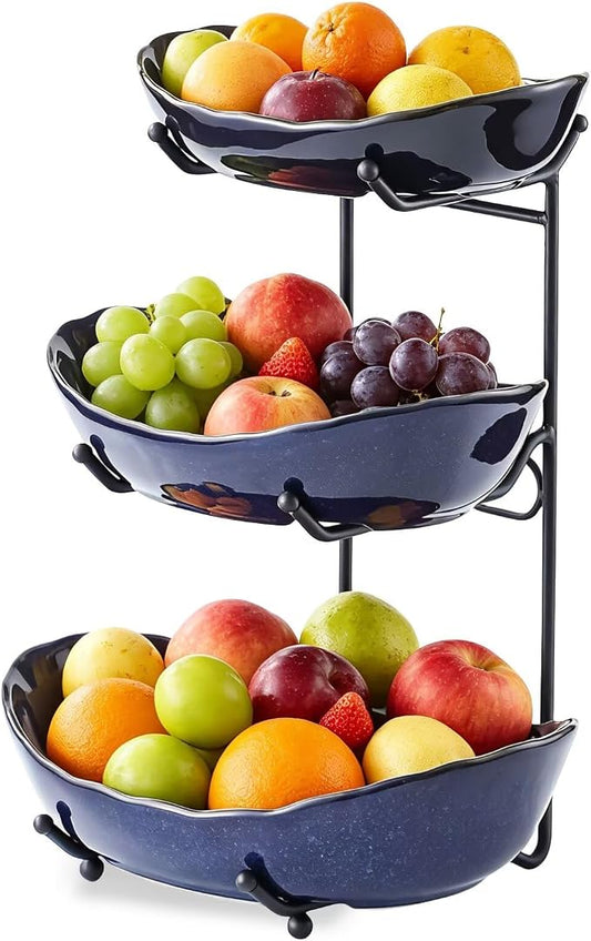 3 Tier Ceramic Fruit Bowl for Kitchen Counter | Tiered Fruit Basket for Countertop, Serving Tray for Food, Vegetable, Cake, Dessert in Party(Dark Blue) by Unknown