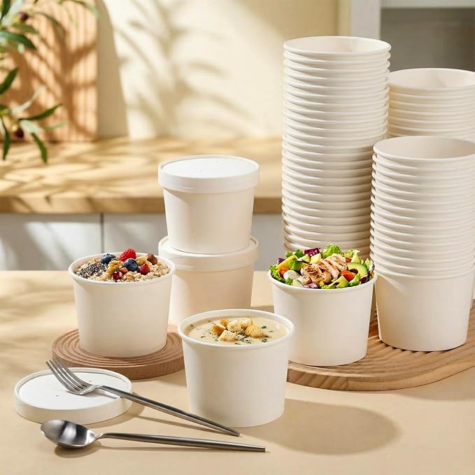 Fulmoon 100 Pack Paper Soup Containers with Lids Disposable Paper Food Containers with Vented Lid Kraft Ice Cream Cake Dessert Cups Soup Bowl for Party Hot Food Fruit Microwave(20 oz,White) - Image 7